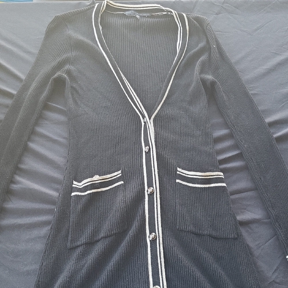 Black V-Neck Cardigan Sweater with White Trim